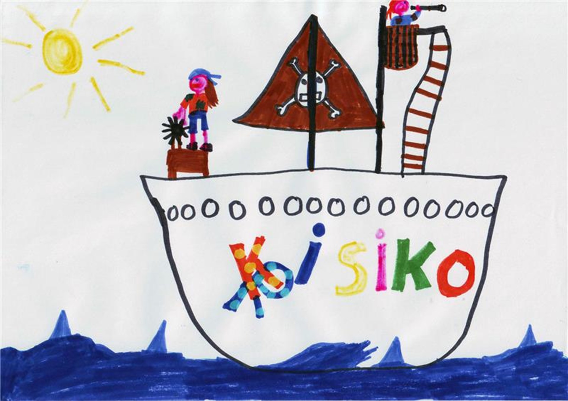 Kinderzeichnung von einem Schiff auf dem Meer, auf dem Kisiko steht